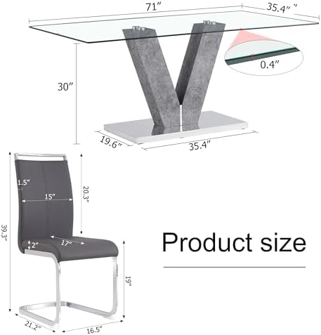 71" Glass Dining Table Set for 6, V-Base & 6 High-Back PU Chairs