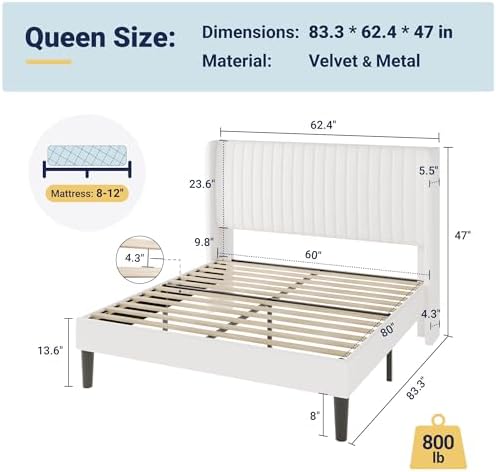 Allewie Queen Size Velvet Bed Frame/Vertical Channel Tufted Wingback Headboar...