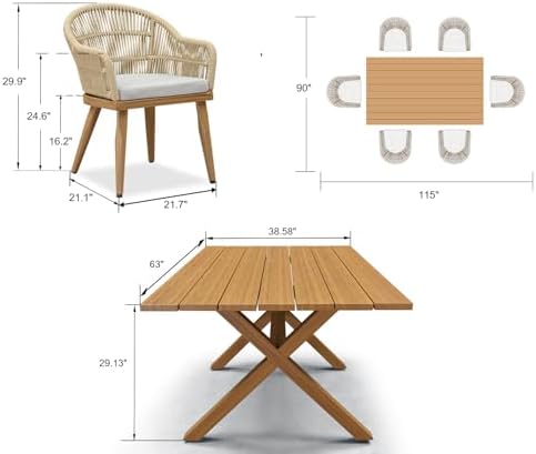 PURPLE LEAF 7 Pieces Patio Dining Set with Rattan Chairs Cushion, Teak