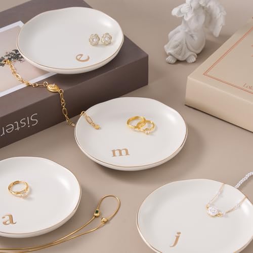 Lolalet Handmade Ceramic Ring Dish Jewelry Tray Plate with Initial, Small Monogram Gift for Her Women Girls Mother, Hostess, Engagement, Bridal Shower, Maid of Honor, Bridesmaid, Birthday, Christmas