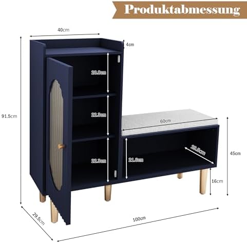 HLR Shoe Storage Bench with Glass Door&Shelf, L-Shaped Shoe Cabinet, Blue...