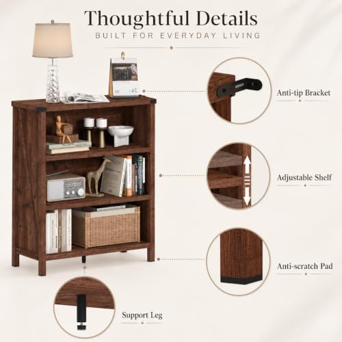 BON AUGURE Rustic Short Bookshelf, 3 Shelf Bookcase, Small Wood Low Book Case...