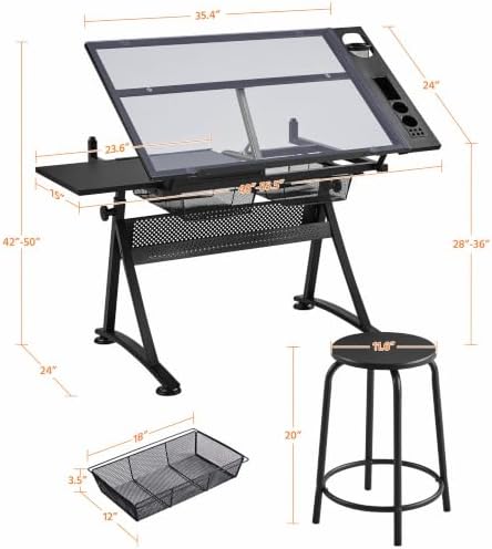 Yaheetech Glass Drafting Table & Stool, Drawing Table for Artists, Black