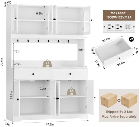HIFIT 71" LED Kitchen Pantry Cabinet with Power Outlet, Tall Hutch, White