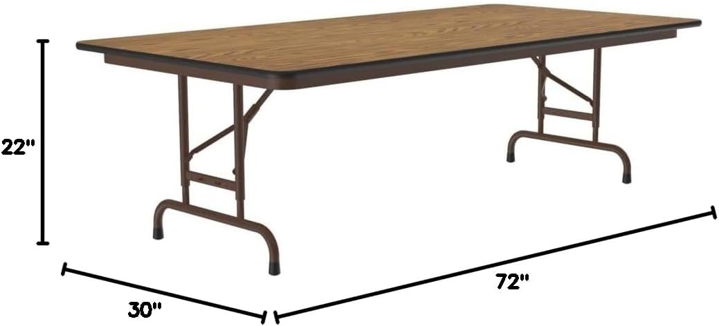 Correll Heavy Duty Adjustable Height Utility Folding Table, Melamine Top, USA Made, Strong Steel Apron, 30"x72", Medium Oak Top Brown Edge