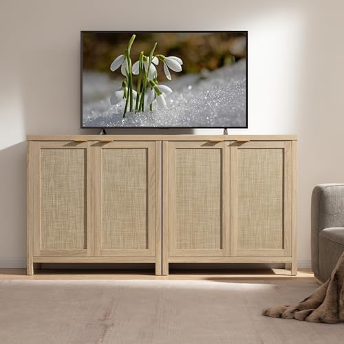 SICOTAS Sideboard Buffet Cabinet with Large Storage : Rattan Boho Credenza