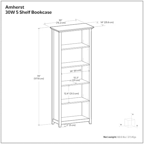 SIMPLIHOME Amherst 70" Tall Solid Wood 5-Shelf Bookcase in Brown