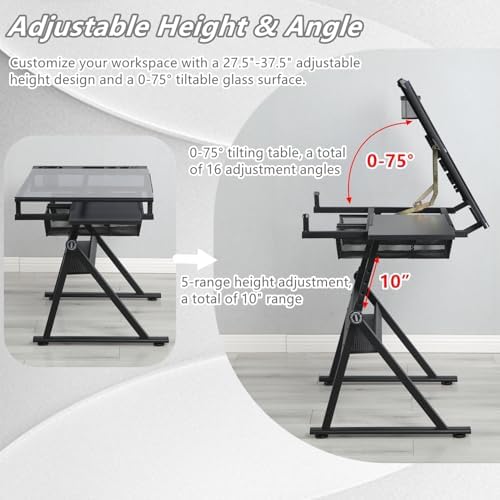 Drafting Table, Height Adjustable Art Tabe with Stool, Black