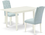 East West Furniture NOCE3-LWH-15 3 Piece Dining Table Set Contains a Rectangle Dining Room Table with Butterfly Leaf and 2 Baby Blue Linen Fabric Parsons Chairs, 32x54 Inch, Linen White