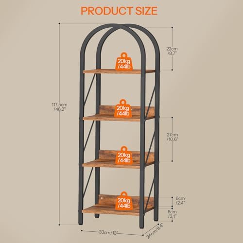 HOOBRO Bookshelf, 4-Tier Arched Bookshelf, Industrial Bookcase with Metal Fra...