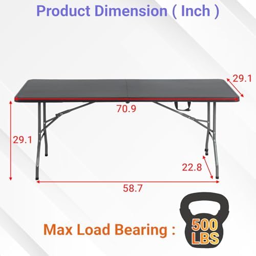 FDW | 6FT Folding Table | Black | Portable Plastic Table | with Carry Handle ...
