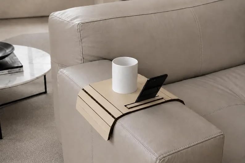 Turquoise Sofa Armrest Tray Table, Foldable Wood Snack Holder with Phone Slot...