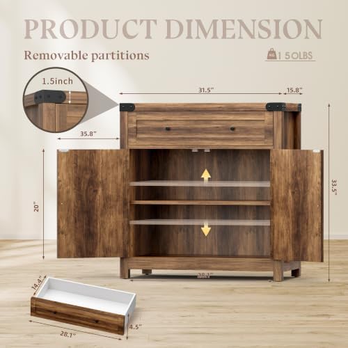 YESHOMY Farmhouse Coffee Bar and Accent Cabinet with Barn Doors, Brown
