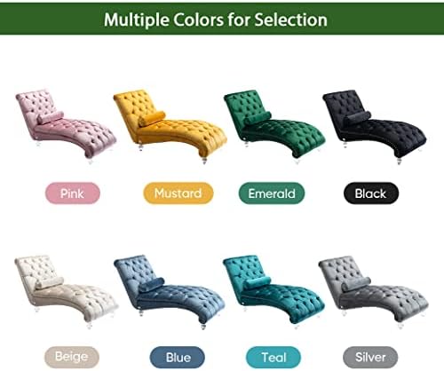 Velvet Chaise Lounge Chair with Toss Pillow, Modern Tufted Button Lounge Chair with Acrylic Legs, Upholstered Indoor Sleeper Chair for Living Room, Bedroom, Emerald Green