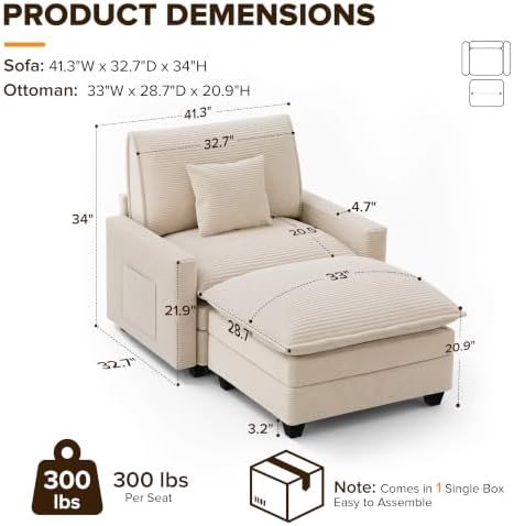 Oversized Accent Chair with Ottoman, 41" Comfy Cloud Single Seat Sofa | ...