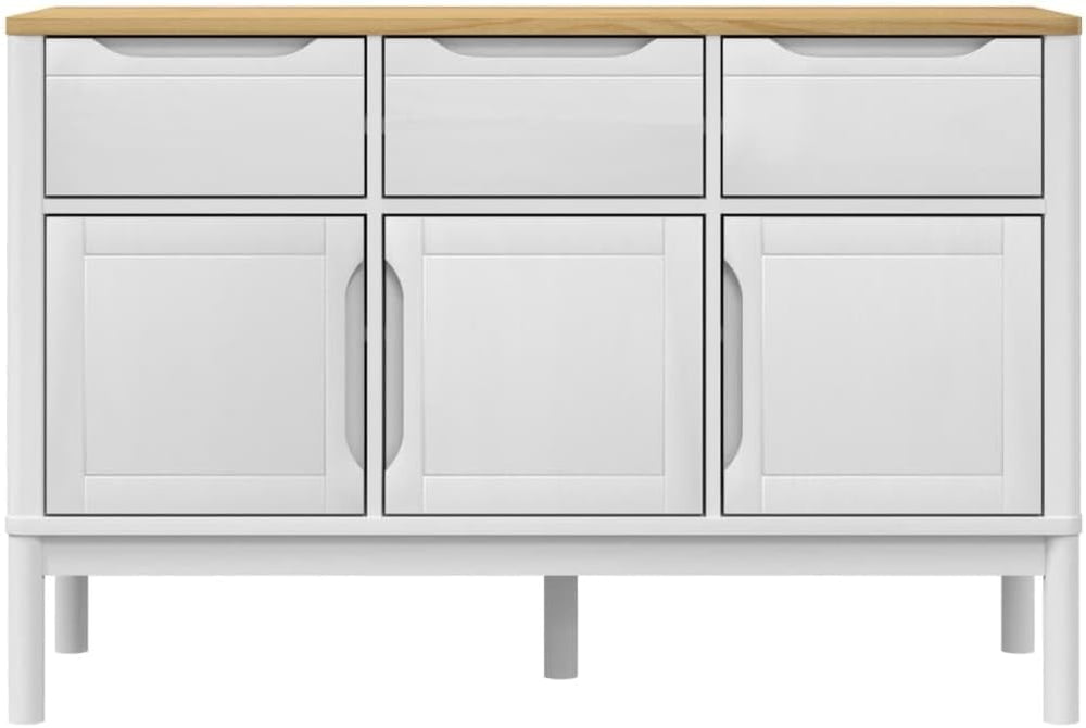 White Solid Pine Wood Sideboard with Drawers and Doors, Modern Engineered Woo...