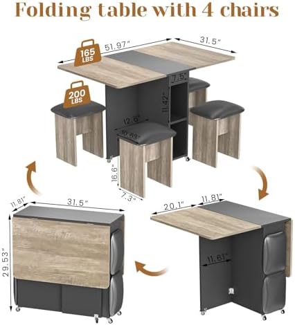 furlinkhm Folding Dining Table Set for 4, Dinner Table with 4 Leather Chairs ...
