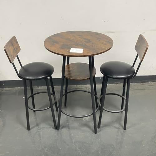 23.6" 3 Piece Round Bar Table and Chair Set with Shelf Rustic Brown | Ru...