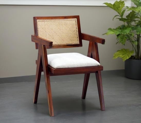 Solid Sheesham Wood Arm Chair with Cushion and Cane Back Support Chair Living...