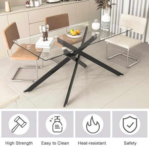 60" Modern Black Glass Dining Room Table Set for 6, 7-Piece Rectangular ...