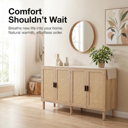 Finnhomy 4 Door Sideboard Buffet Cabinet, Kitchen Storage Cabinet with Rattan...