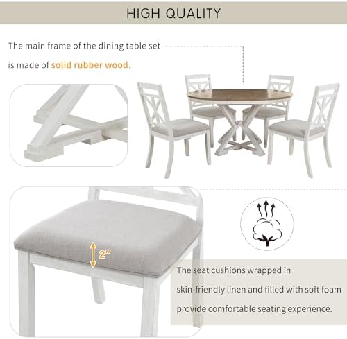 Merax Round Dining Table Set for 4, Farmhouse Kitchen Table Set with Extendab...