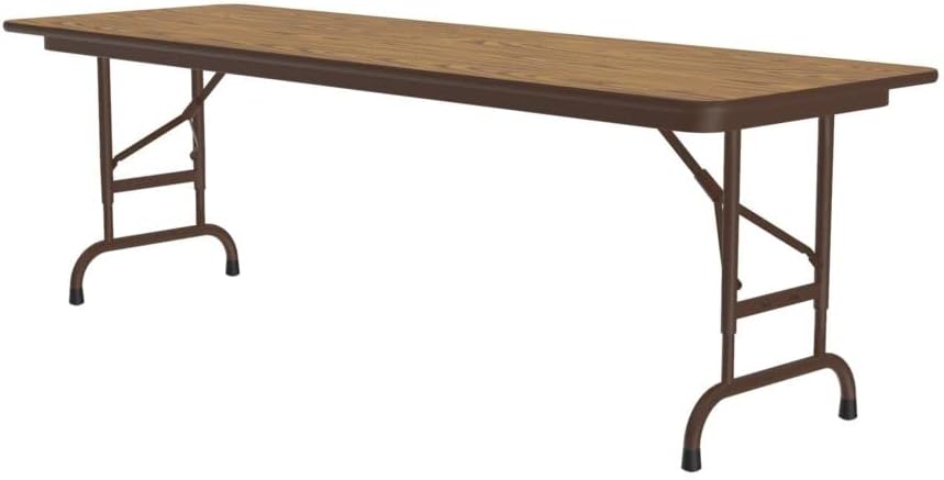 Correll Heavy Duty Adjustable Height Utility Folding Table, Melamine Top, USA Made, Strong Steel Apron, 24"x60", Medium Oak Top Brown Edge