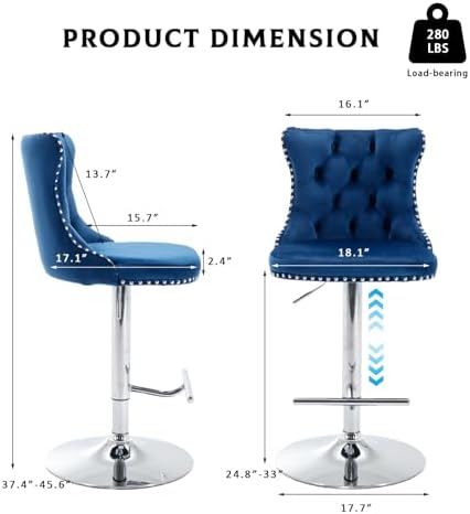 33’’ Velvet Swivel Bar Stools Set of 2 Kitchen Counter Adjustable Height Upho...