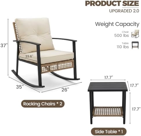 TARKARI 3-Piece Patio Rocking Chairs Set of 2, Rocking Chair Bistro Set [Upgr...