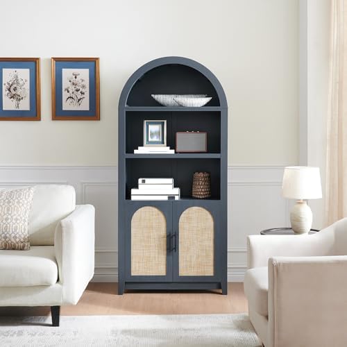 RowyPoey Rattan Arched Cabinet Bookshelf - 69.3” Tall Mid Century Display Cab...