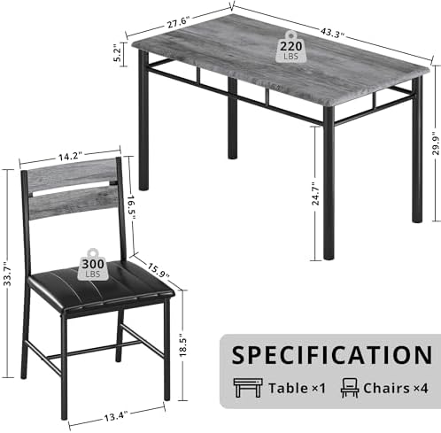 IRONCK Dining Table Set for 4, Grey