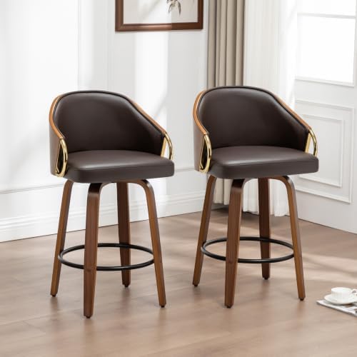 24.8" Swivel Counter Height Bar Stools Set of 2,Brown Leather Barstools ...