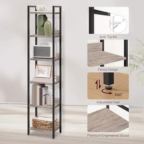 MAHANCRIS Bookshelf, 6-Tier Bookcase, Standing Book Shelf for Small Space, St...