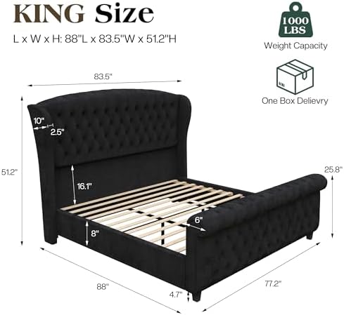 LUXOAK King Size Upholstered Sleigh Bed Frame with Tufted Headboard