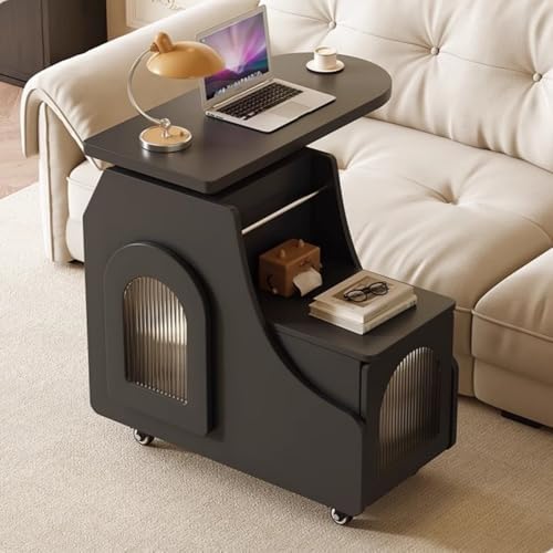 Mobile Side Table with Storage, Sofa End Table with Rotating Top, Glass Door ...