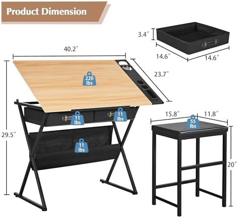 VECELO Drafting Table Art Desk Art Table Adjustable Drawing Table Tilted Tabl...