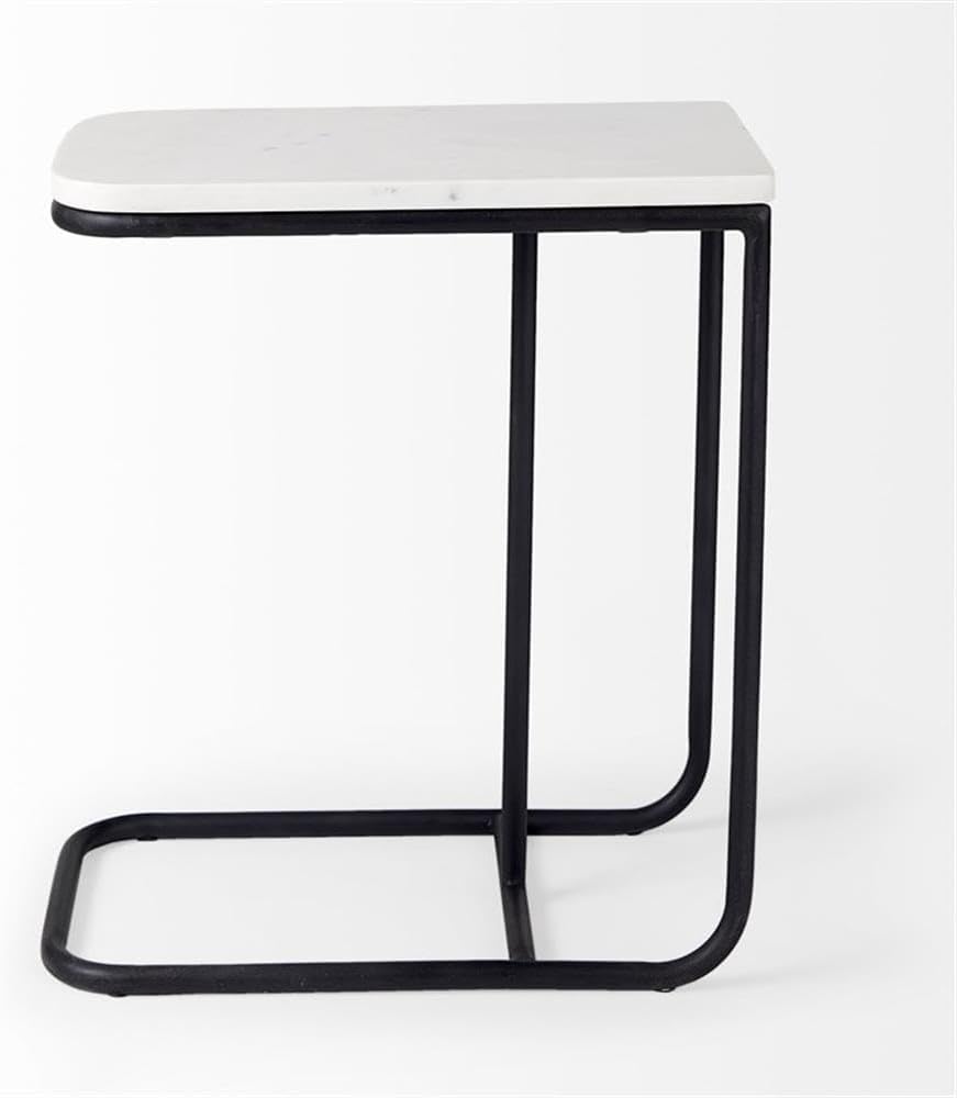 Pemberly Row C-Shaped Side Table, White Marble Top, Matte Black Iron Frame, M...