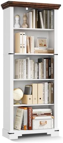 5-Tier Farmhouse Bookshelf, 61.1 inch Tall Bookcase with Storage & Unique...