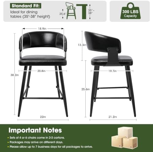 26" Counter Height Bar Chairs Set of 2, Padded Island Chairs, Black