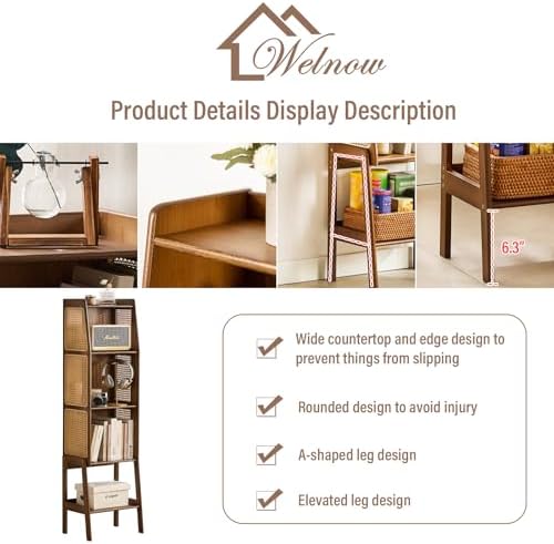 Welnow Bamboo Rattan Bookcase with Cabinet, 3-Tier Storage Shelf with Side Ta...