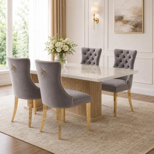 Luxury Upholstered Dining Chairs Set of 4, Grey Kitchen Chair with Golden Met...