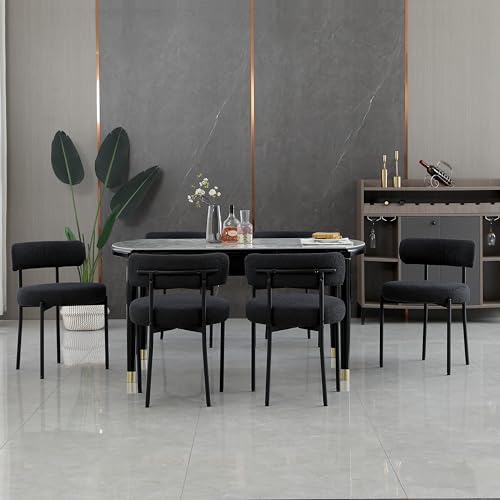 Black Dining Chairs Set of 2 Round Upholstered Boucle Dining Room Chairs, Mid...