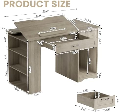 Drafting Table with Storage Cabinet & Drawers, Adjustable Drawing Desk wi...