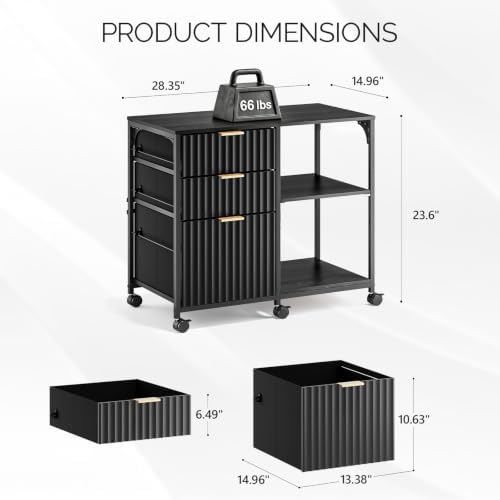 VINGLI 3 Drawer Mobile File Cabinet Printer Stand, Fluted Filing Cabinet with...