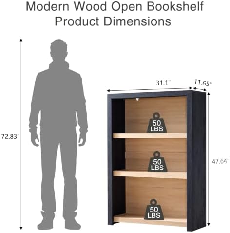 Book Shelf, 3-Tier Bookshelf with Adjustable Shelves,Free Standing Modern 48&...