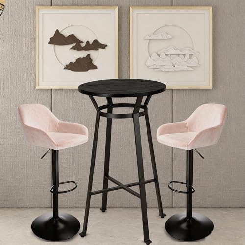 Glitzhome Bar Table and Chairs Set, Round Black Steel Pub Table with Soild El...
