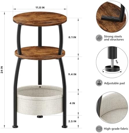 Round Side Table for Small Spaces with Storage Basket, 11.81in