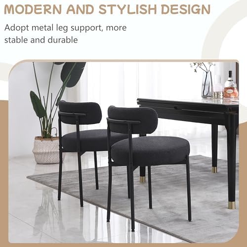 Black Dining Chairs Set of 2 Round Upholstered Boucle Dining Room Chairs, Mid...