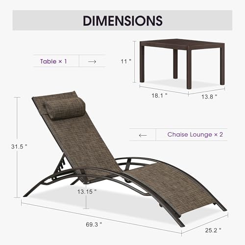 PURPLE LEAF Patio Pool Chaise Lounge Set of 3 Bronze Aluminum Chair, Brown | ...