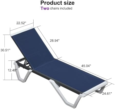 PURPLE LEAF Pool Lounge Chairs Set of 2 Chaise Lounge w/Wheel, Navy Blue | 5 Angles Perfect Comfort, Side Table Holds Drinks & Snacks, Flexible Sets Fit Any Layout, Silent Wheels for Easy Moving